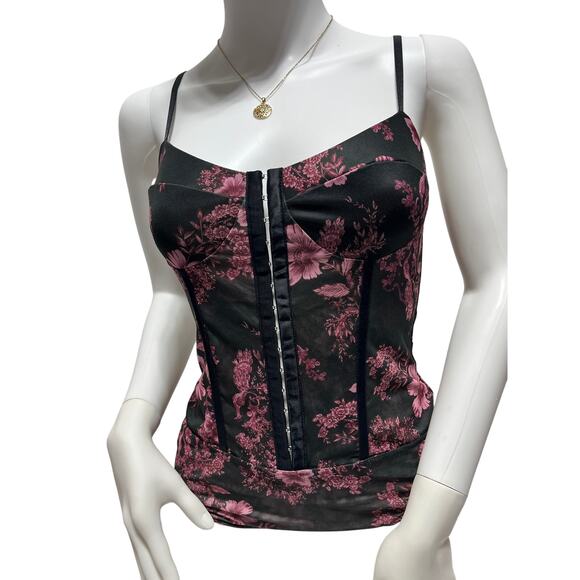 Free People Women’s Floral Mesh Bodysuit Medium Black Pink Hook Front - Picture 1 of 9